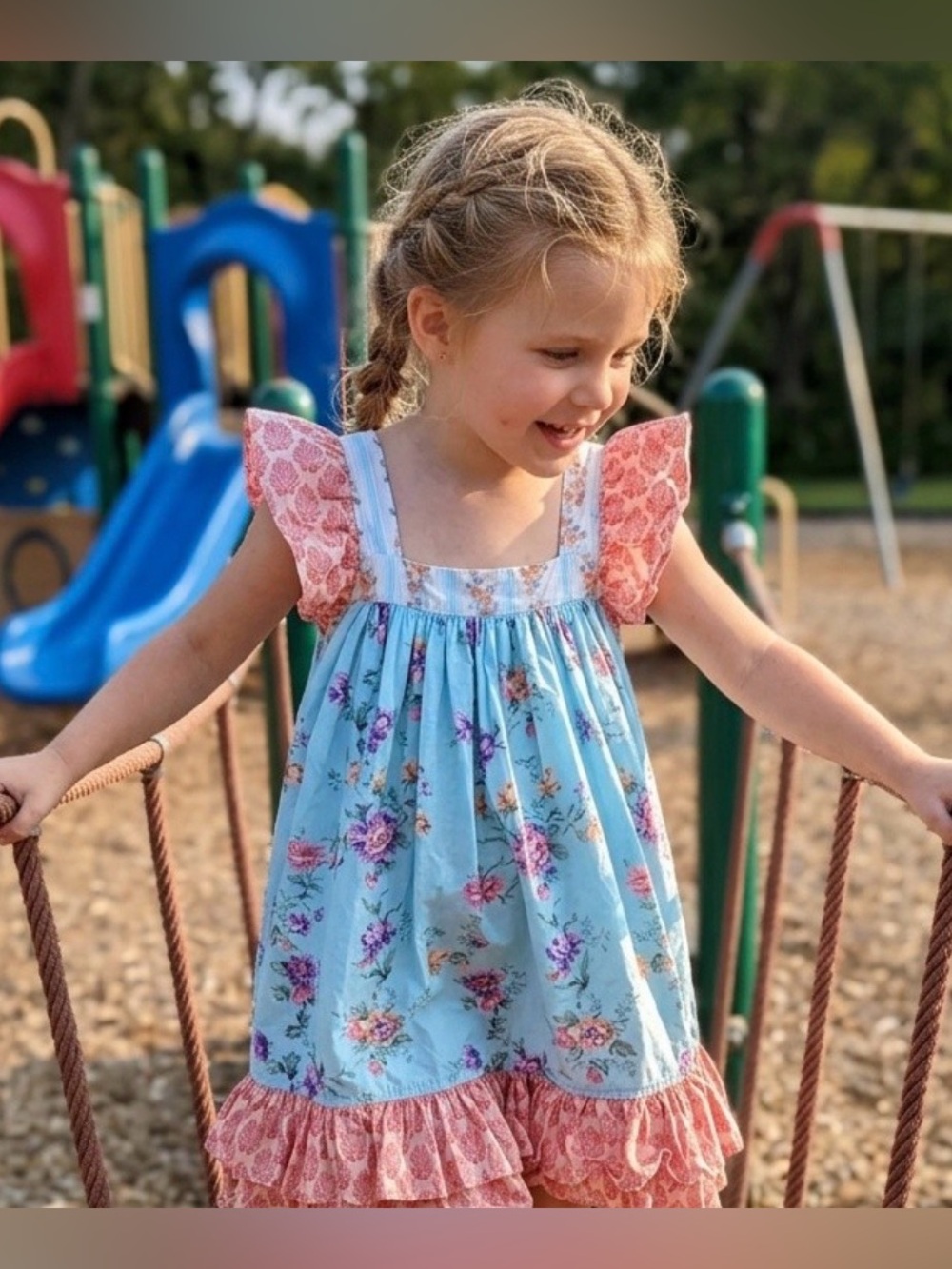 Eleanor Rose Blue and Coral Floral Tiered Dress